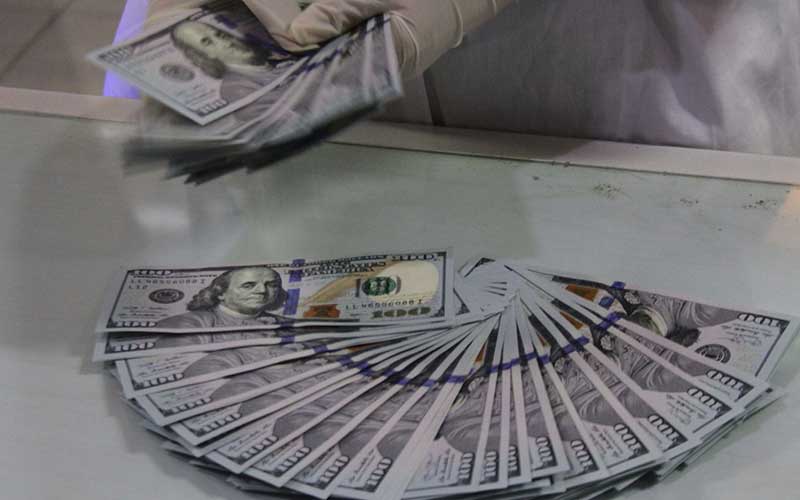 Karyawan bank menunjukkan mata uang dollar Amerika Serikat (AS) yang disetor nasabah di bank BNI Kantor Cabang Pembantu (KCP) Universitas Brawijaya, Malang, Jawa Timur, Jumat (14/8/2020). ANTARA FOTO/Ari Bowo Sucipto