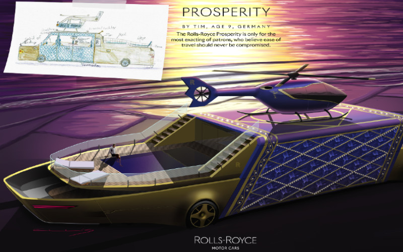 Desain mobil masa depan karya anak-anak. Rolls-Royce Prosperity oleh Tim, umur 9, Jerman. Rolls-Royce.