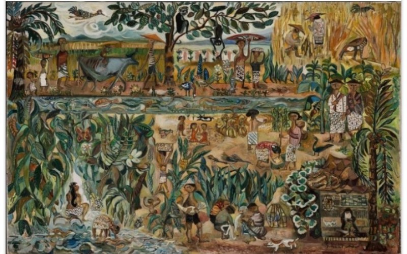 Lukisan seniman perupa Indonesia, Sudjana Kerton, dengan judul Kehidupan Desa Indonesia 