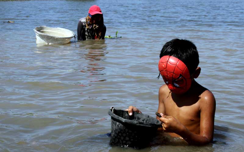  Warga Manfaatkan Susutnya Debit Air di Sungai Jeneberang Gowa Untuk Mencari Kerang