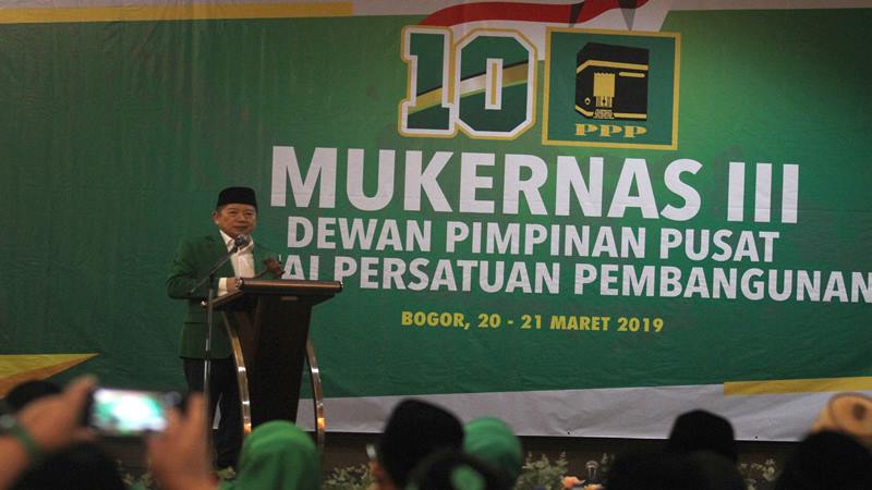 Plt Ketua Umum PPP Suharso Monoarfa memberikan sambutan pada pembukaan Mukernas III Dewan Pimpinan Pusat PPP di Bogor, Jawa Barat, Rabu (20/3/2019)./Antara
