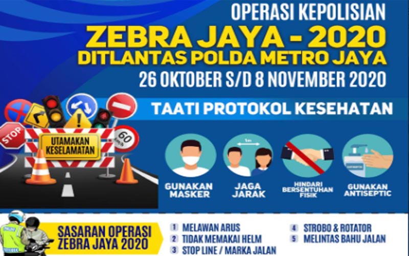 Selain penindakan pelanggaran lalu lintas, Operasi Zebra Jaya 2020 di jajaran Polda Metro Jaya juga akan menindak pelanggaran prtokol Covid-19. Foto: Twitter @TMCPoldaMetro