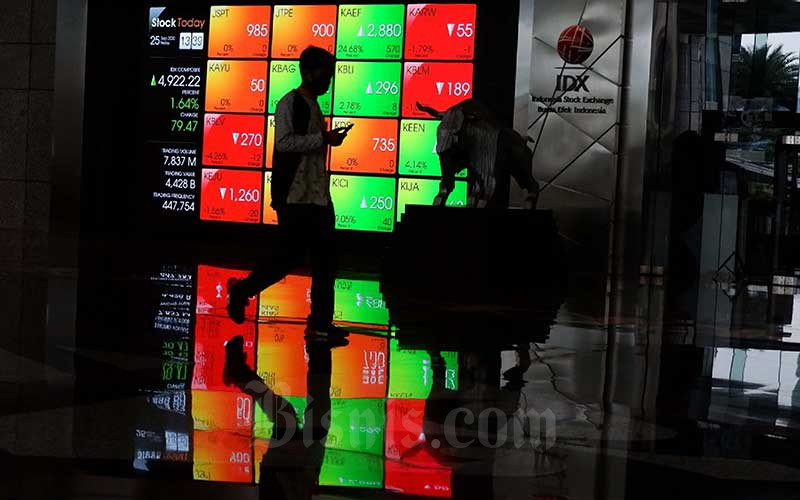 Pengunjung berjalan di dekat papan elektronik yang menampilkan perdagangan harga saham di kantor PT Bursa Efek Indonesia (BEI)  di Jakarta, Jumat (25/9/2020). Bisnis/Dedi Gunawan 