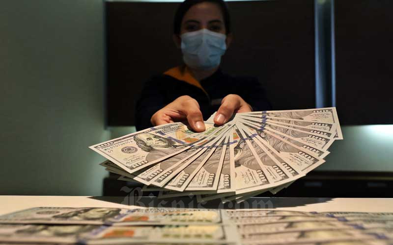 Karyawan menunjukan dolar AS di Jakarta, Rabu (11/11/2020). Nilai tukar Rupiah terhadap dolar AS pada perdagangan Rabu (11/11) ditutup melemah 0,2 persen atau 27,5 poin ke level Rp14.085 per dolar AS. Bisnis/Eusebio Chrysnamurti