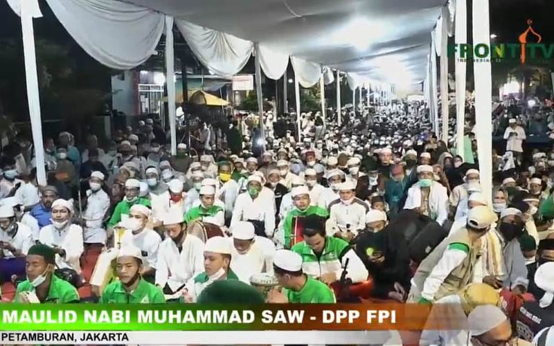 Tangkapan layar salah satu suasana perayaan Maulid Nabi yang diselenggarakan DPP FPI, Sabtu (14/11/2020)./Front TV