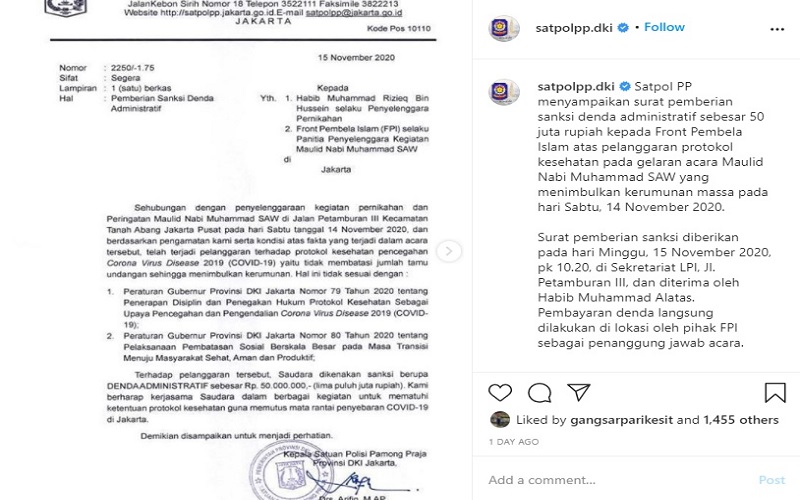  Terkuak! Ini Isi Surat Peringatan Satpol PP DKI ke FPI Soal Denda Rp50 Juta