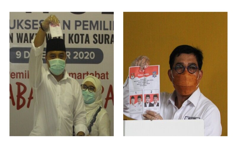 Kolase foto Eri Cahyadi (kiri) dan Mujiaman (kanan) saat memberikan suara pada Pilkada Kota Surabaya, Rabu (9/12/2020)./Antara