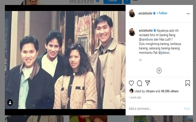  Reshuffle Kabinet Jokowi: Erick Thohir Unggah Foto Bareng Sandi dan M. Lutfi 