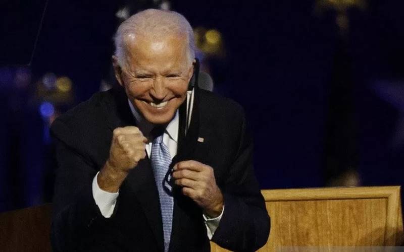 Capres AS Joe Biden merayaan kemenangannya dalam Pilpres AS di Wilmington, Delaware, AS, Sabtu (7/11/2020)./Antara-Reutersrn