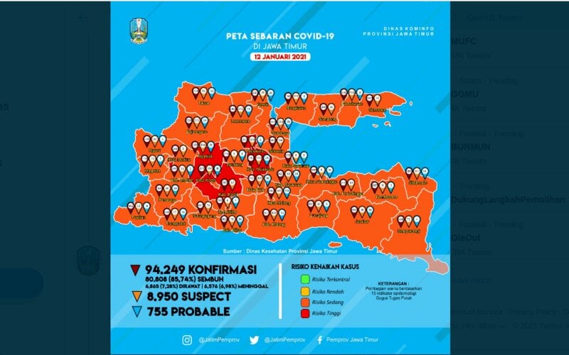  Zona Merah Covid-19 di Jatim Bertambah, Kini Madiun, Nganjuk, Kediri dan Mojokerto