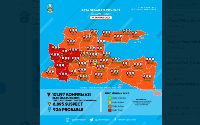  Zona Merah Covid-19 Jatim Kini Ngawi, Magetan, Madiun, Nganjuk, Ponorogo dan Trenggalek