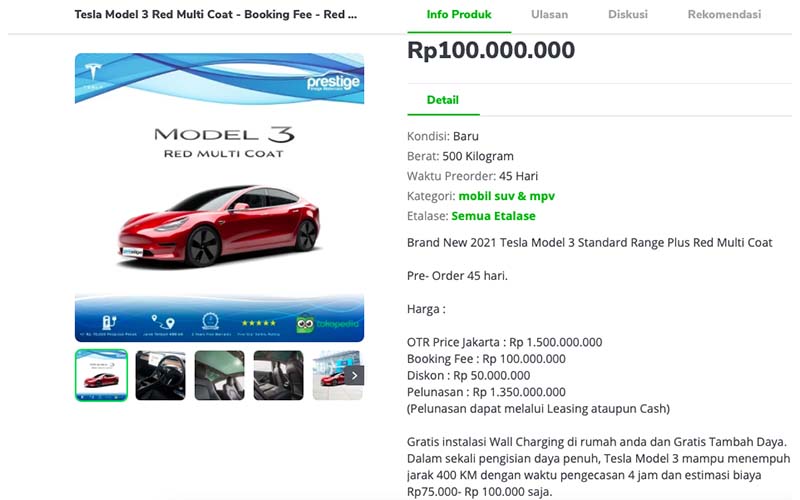  Sultan Beda, 23 Unit Tesla Dipesan di Tokopedia Selama Pandemi