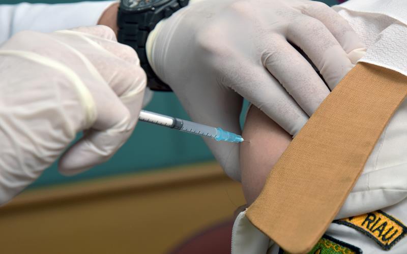 Dokter menyuntikkan vaksin CoronaVac ke lengan petugas medis saat vaksinasi COVID-19 dosis kedua di RSUD Arifin Achmad, Kota Pekanbaru, Riau, Kamis (28/1/2021). Pemerintah menargetkan realisasi vaksinasi COVID-19 meningkat hingga sebanyak satu juta orang setiap hari karena sudah tersedia 30.000 petugas vaksinasi yang tersebar di 10.000 Puskesmas dan 3.000 rumah sakit. /Antara