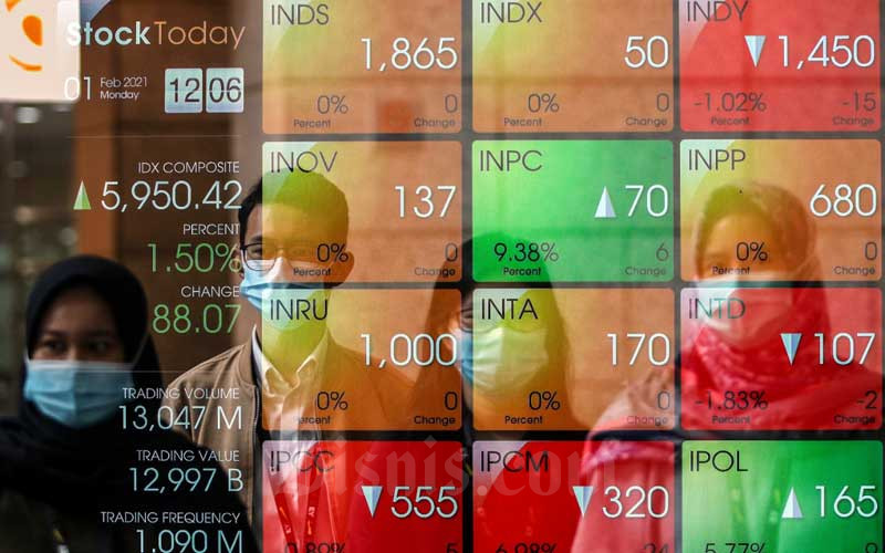 Pekerja melintasi papan elektronik yang menampilkan pergerakan Indeks Harga Saham Gabungan (IHSG) di Bursa Efek Indonesia, Jakarta, Senin (1/2/2021). Bisnis/Eusebio Chrysnamurti