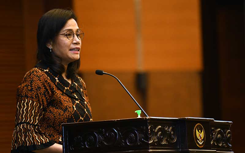 Menteri Keuangan Sri Mulyani memberikan sambutan saat peluncuran progam penjaminan pemerintah kepada padat karya dalam rangka percepatan pemulihan ekonomi nasional di Jakarta, Rabu (29/7/2020). Bisnis