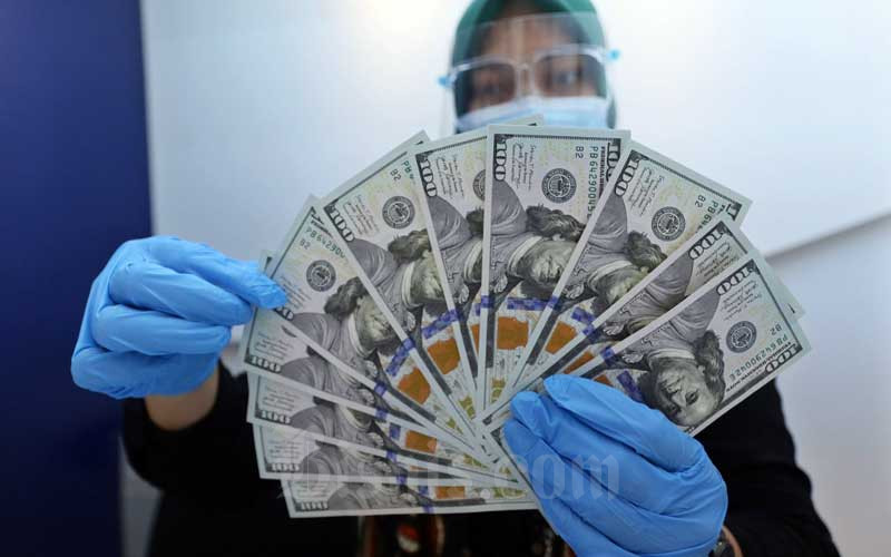 Karyawan menunjukan Dolar AS di Jakarta, Rabu (27/1/2021). Nilai tukar rupiah di pasar spot ditutup menguat 15 poin atau 0,11 persen menjadi Rp14.050 per dolar AS. Bisnis/Eusebio Chrysnamurti