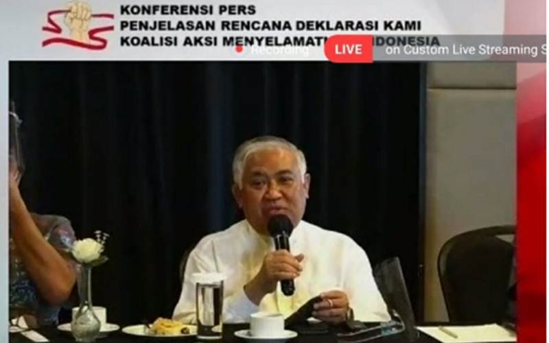 Din Syamsuddin, inisiator Koalisi Aksi Menyelamatkan Indonesia (KAMI) saat konferensi pers secara daring, Sabtu (15/8/2020)./Antara-HO-Tangkapan layar Zoom