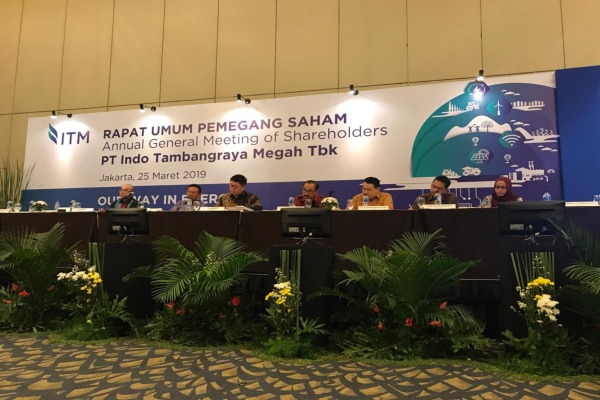 Direksi PT Indo Tambangraya Megah Tbk. menggelar konferensi pers usai menggelar rapat umum pemegang saham tahunan di Jakarta, Senin (25/3/2019)./Bisnis/M. Nurhadi Pratomo