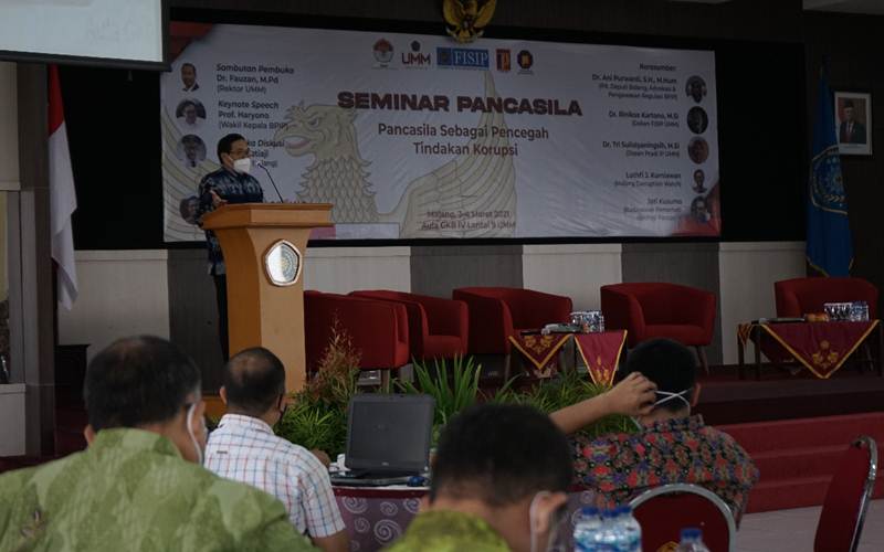 Wakil Kepala Badan Pembinaan Ideologi Pancasila Prof. Hariyono menyampaikan paparan pada Seminar Pancasila Sebagai Pencegah Tindakan Korupsi, Rabu (3/3/2021)./Istimewa
