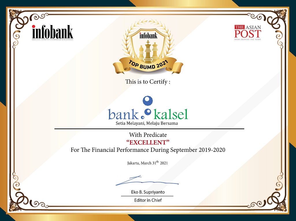  Bank Kalsel Raih Penghargaan Infobank TOP BUMD Award 2021