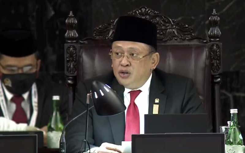 Ketua MPR RI Bambang Soesatyo memberikan sambutan saat sidang tahunan MPR di Jakarta, Jumat (14/8/2020). Binsis/TV Parlemen
