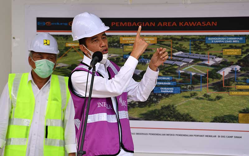 Presiden Joko Widodo (kanan) didampingi Menteri PUPR Basuki Hadimuljono memberikan keterangan pers saat meninjau Rumah Sakit Darurat Penanganan COVID-19 di Pulau Galang, Batam, Kepulauan Riau, Rabu (1/4/2020). ANTARA FOTO/Sigid Kurniawan