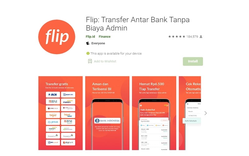 Aplikasi Flip menyediakan fitur transfer uang antar bank tanpa biaya admin / Google Play Store 