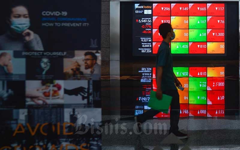 Karyawan melintas di depan papan elektronik yang menampilkan pergerakan Indeks Harga Saham Gabungan (IHSG) di Bursa Efek Indonesia, Jakarta, Senin (3/5/2021). Bisnis/Fanny Kusumawardhani 