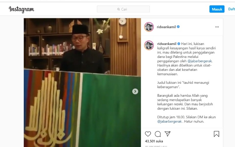  Galang Dana Untuk Palestina, Ridwan Kamil Lelang Lukisan Kaligrafinya