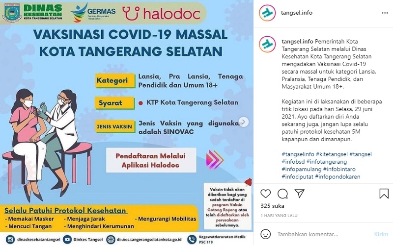  Vaksinasi Covid-19 Massal Warga Tangsel 29 Juni, Ini Lokasi dan Cara Daftarnya!
