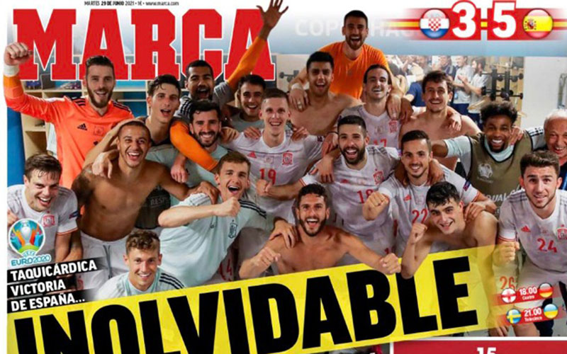 Media Spanyol menyambut kemenangan tim mereka atas Kroasia dalam pertandingan hujan delapan gol di 16 besar Euro 2020./UEFA.com
