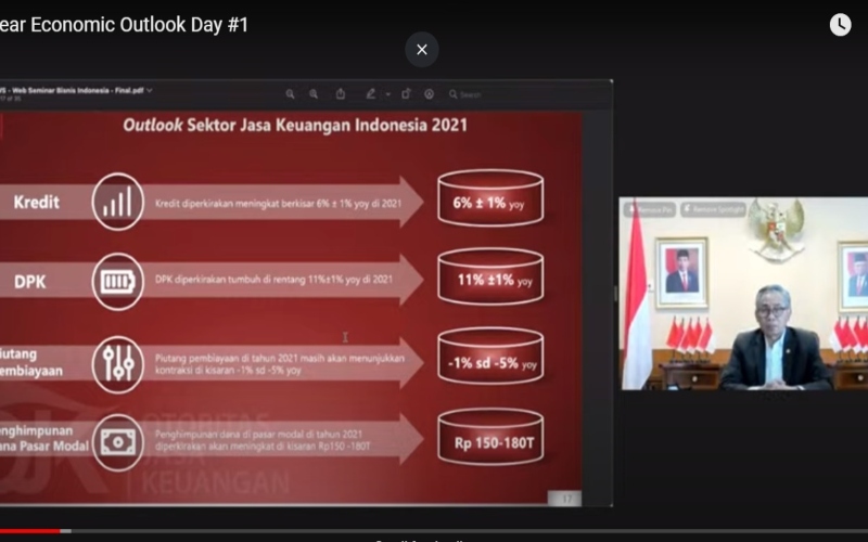 Ketua Dewan Komisioner OJK Wimboh Santoso saat menjadi Keynote Speaker dalam Mid-Year Economic Outlook 2021 bertajuk Prospek Ekonomi Indonesia Pasca Stimulus dan Vaksinasi yang diselenggarakan secara daring oleh Harian Bisnis Indonesia, Selasa (6/7/2021).