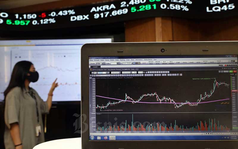 Karyawan memantau pergerakan harga saham di Kantor Mandiri Sekuritas,  Jakarta, Rabu (15/7/2020). Bisnis/Eusebio Chrysnamurti