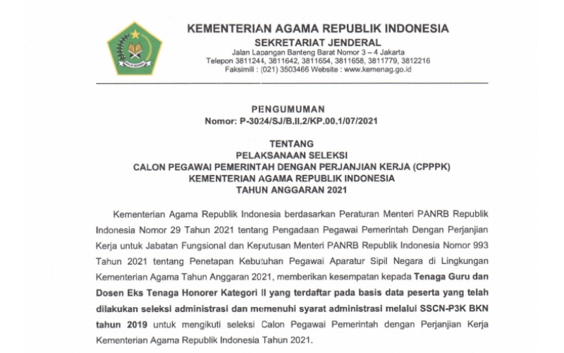  Simak Tata Cara dan Dokumen Persyaratan Seleksi PPPK Kemenag 2021