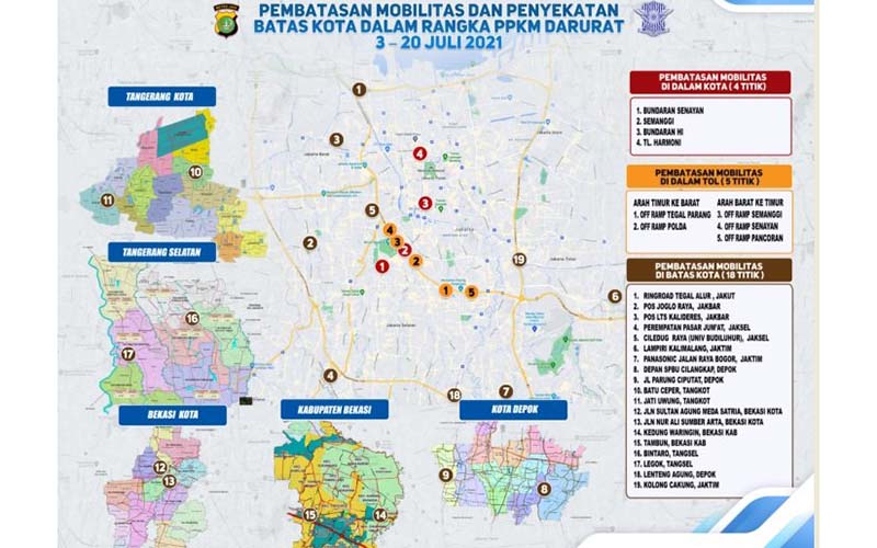 Pembatasan mobilitas dan penyekatan batas kota dalam ranka PPKM Darurat 3-20 Juli 2021 di DKI Jakarta dan sekitarnya. /Twitter TMC Polda Metro Jaya