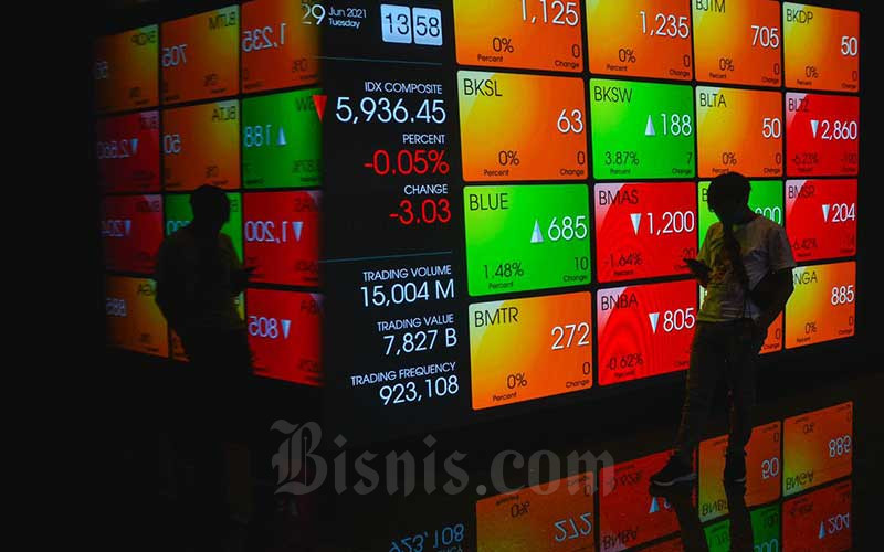 Karyawan melintas di dekat layar pergerakan indeks harga saham gabungan (IHSG) di Bursa Efek Indonesia, Jakarta, Selasa (29/6/2021). Bisnis/Fanny Kusumawardhani