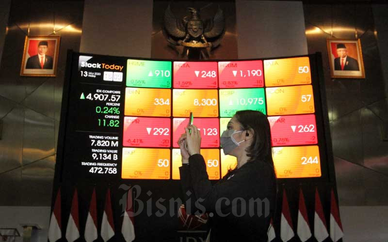 Pengunjung berada didekat papan elektronik yang menampilkan perdagangan harga saham di lantai Bursa Efek Indonesia di Jakarta, Jumat (13/3/2020). Bisnis/Dedi Gunawan