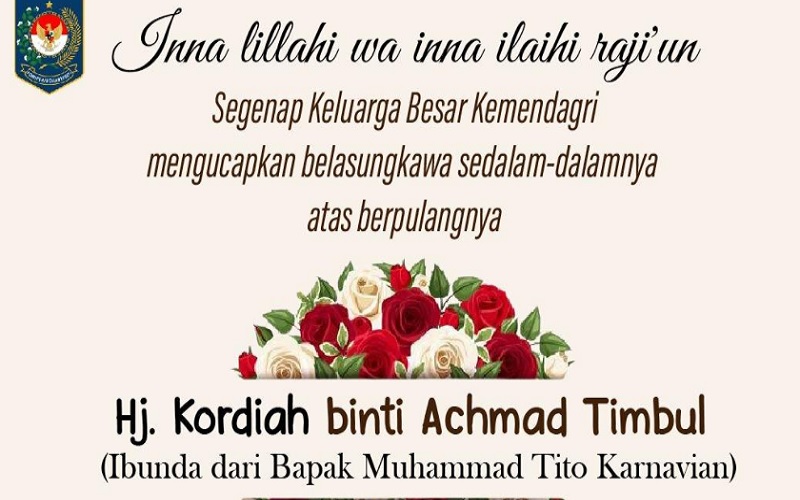  Ibunda Mendagri Tito Tutup Usia, PSI hingga Wagub DKI Ucapkan Dukacita 