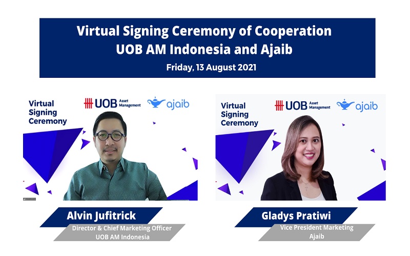 Penandatanganan kerja sama secara virtual antara UOB Asset Management Indonesia (UOBAM Indonesia) dengan dengan PT Takjub Teknologi Indonesia (Ajaib Group) pada Jumat (13/8/2021)/Perusahaan.