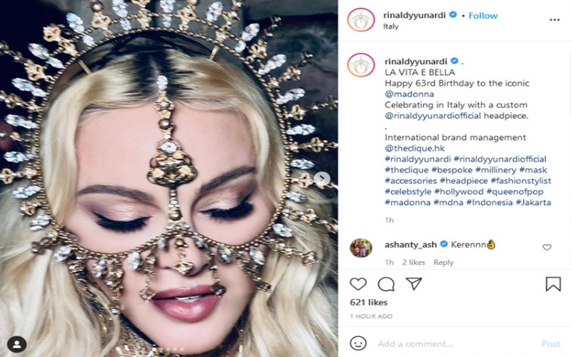  Madonna Rayakan Ulang Tahun ke 63, Pakai Headpiece Karya Desainer Indonesia Rinaldi