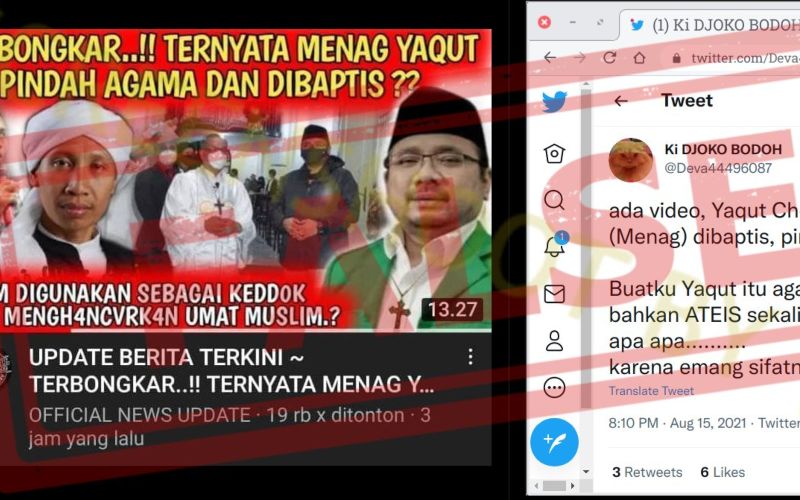 Kolase gambar video Youtube dan unggahan di Twitter yang berisi disinformasi dengan narasi bahwa Menteri Agama Yaqut Cholil Qoumas berpindah agama dan dibaptis/Dok.-Mafindo