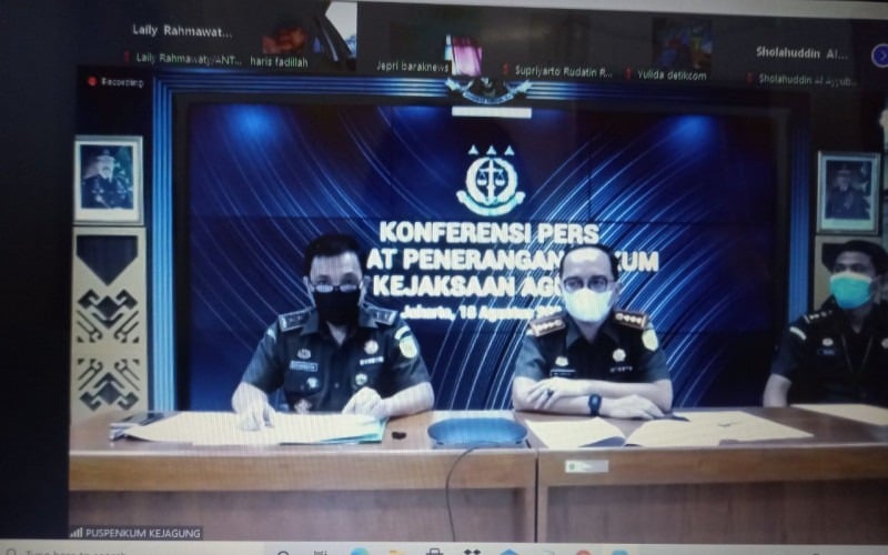 Tangkapan layar Konferensi Pers Pusat Penerangan Hukum Kejaksaan Agung terkait dibatalkannya dakwaan 13 manajer investasi dalam perkara tindak pidana korupsi PT Asuransi Jiwasraya (Persero) di Jakarta, Rabu (18/8/2021)./Antara-Laily Rahmawaty
