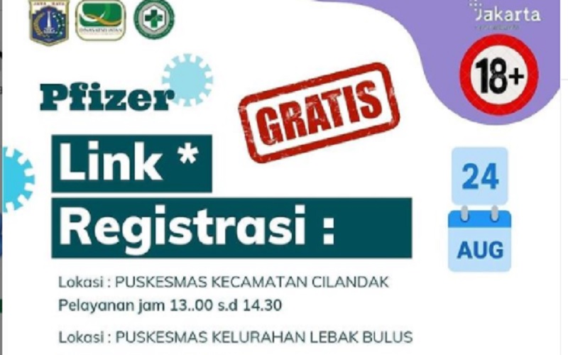  Gratis! Link Registrasi Vaksinasi Covid-19 Pfizer di Puskesmas Cilandak dan Lebak Bulus Hari Ini, 24 Agustus 2021