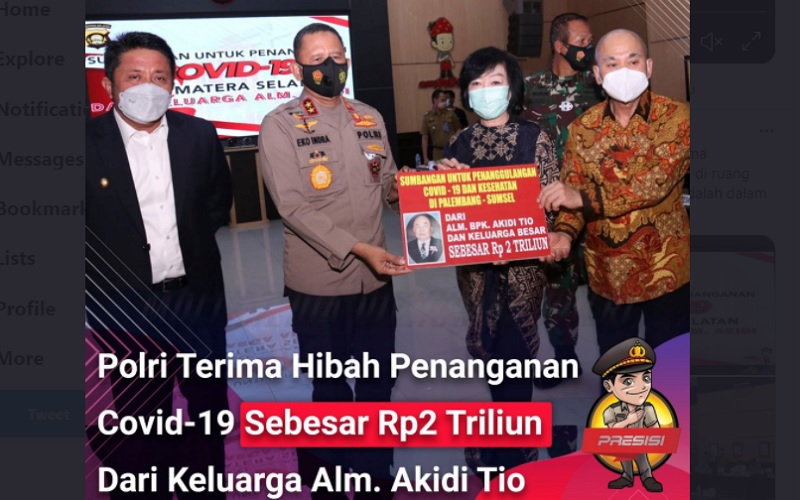 Keluarga Akidi Tio menyumbangkan dana sebesar Rp2 triliun untuk penanganan Covid-19 di Sumatra Selatan/Humas Polri