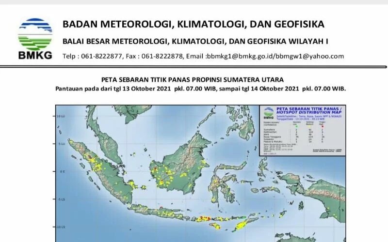 Peta sebaran titik panas di Sumatra Utara./Antara-BMKG)