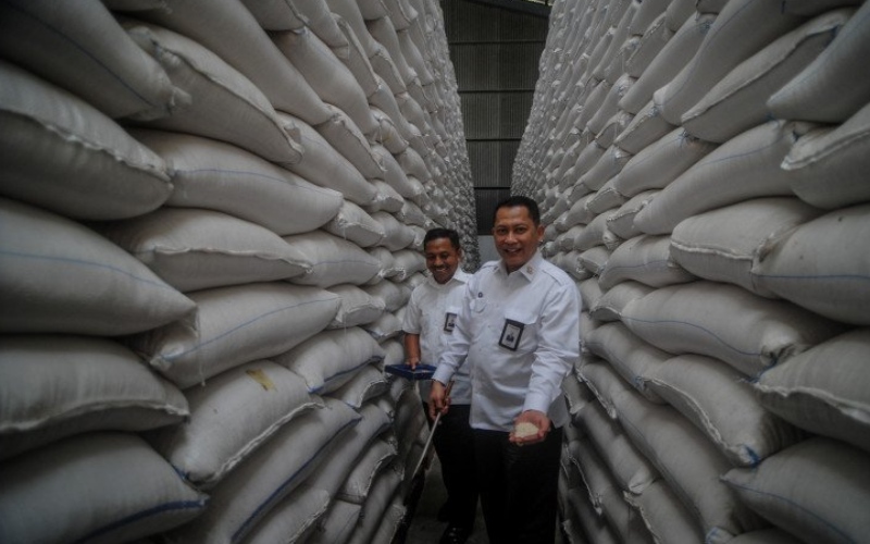 Direktur Utama Perum Bulog Budi Waseso memperlihatkan stok kebutuhan beras di gudang Bulog. /Antara