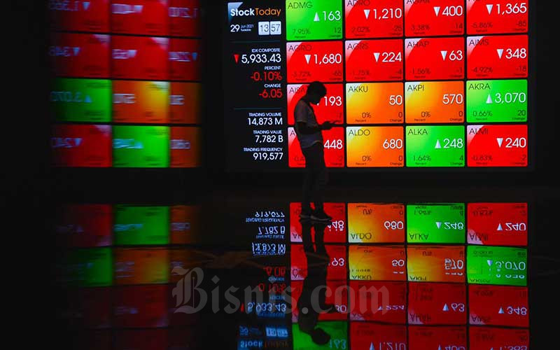 Karyawan melintas di dekat layar pergerakan indeks harga saham gabungan (IHSG) di Bursa Efek Indonesia, Jakarta, Selasa (29/6/2021). Bisnis/Fanny Kusumawardhani