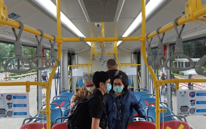 Uji coba bus listrik Skywell oleh TransJakarta. /Bisnis.com-Dion