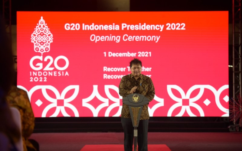 Menko Perekonomian Airlangga Hartanto memberikan sambutan dalam Opening Ceremony Presidensi G20 Indonesia yang digelar Rabu (1/12/2021)./Istimewa