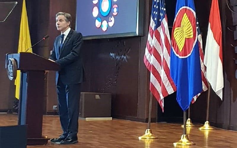 Menteri Luar Negeri Amerika Serikat (AS) Antony Blinken menyampaikan pidatonya di kampus UI Depok, Selasa (14/12/2021)./Istimewa